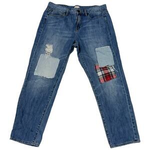 J.Crew Distressed Patchwork Boyfriend Jeans Plaid Detail Size 30 Crop Ankle